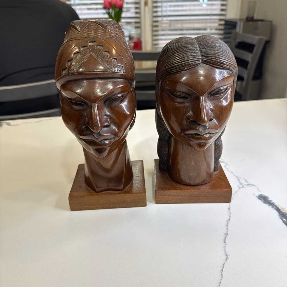 Mahogany Carved Wood Statues  Native American Indian Man/Woman
